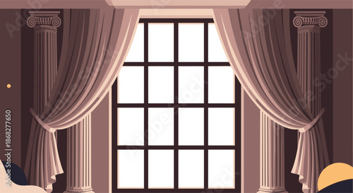 Grand architectural window scene with elegant curtains draped between classical stone columns in a dark room setting.