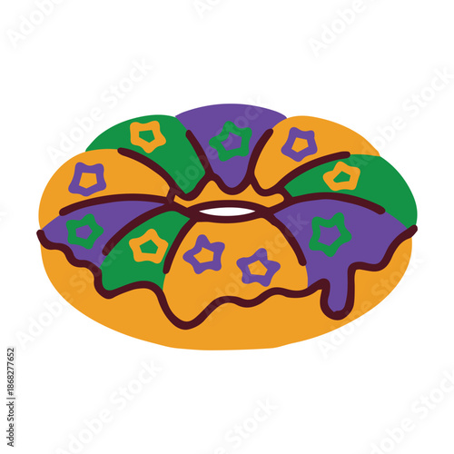 Sweet pastry dessert decorated with purple green and gold glaze.