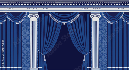 Majestic theater stage or ballroom scene with blue curtains, white columns, and ornate architectural details at top.