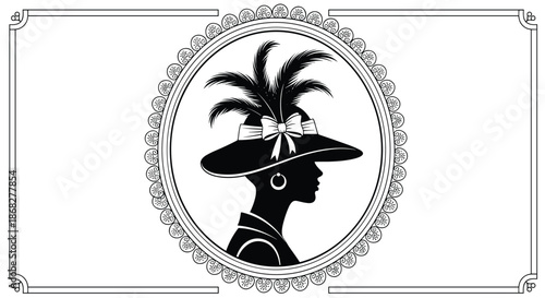 Silhouette of a woman wearing a stylish wide brimmed feathered hat inside an ornate oval frame with white borders.
