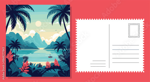 Scenic tropical landscape postcard design with palm trees, mountains, and a calm bay under a bright sun with stamp.
