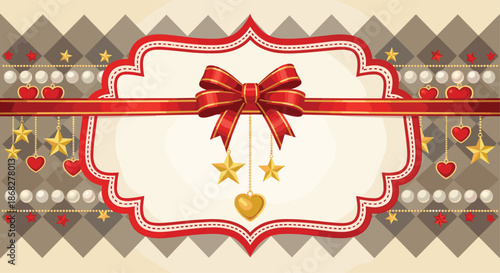 Festive red ribbon and bow with gold star and heart charms on a decorative white label against a grey argyle and pearl background.