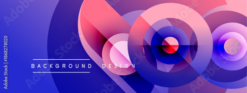 Abstract circles overlap, creating vibrant gradients. Blue, pink, purple hues dominate design. Text reads background design.