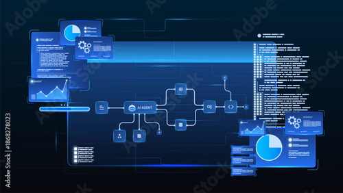 AI workflow automation artificial intelligence. ai agent network diagram dashboard machine learning showing input, database, analytics panel and automation system.
