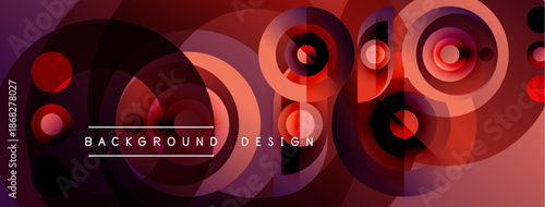 Abstract circles overlap, creating vibrant red, purple gradients. Modern design elements suggest dynamic visual texture.
