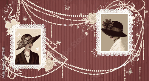 Vintage style portraits of elegant women in hats inside lace frames set against a maroon background with pearls and butterflies.