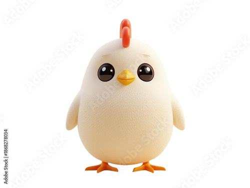A cute 3d cartoon illustration of a funny yellow baby chick with a white egg isolated on a farm background