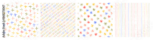 Doodle simple kid's seamless pattern collection. Hand drawn crayon and brush dashes, snowflakes or asterisk, crosses and vertical strokes. Crayon drawn doodle lines seamless pattern for wrapping paper