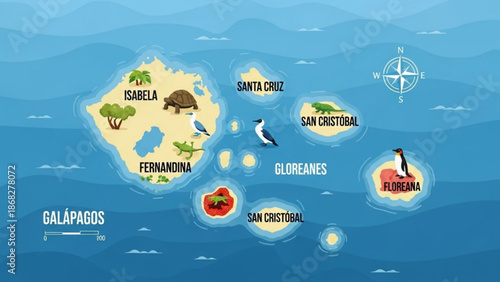 Galapagos Islands map with endemic wildlife flat vector illustration for travel and education showing unique animals and ge