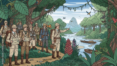 Victorian explorers in a lush jungle navigating a river with boats on an expedition to discover new lands