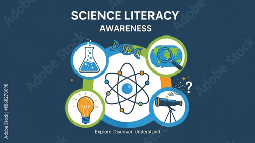 Science literacy awareness concept featuring atom flask lightbulb telescope and globe icons for education and discovery the