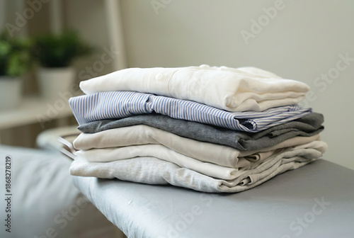 Stack of Folded Towels on Bed.