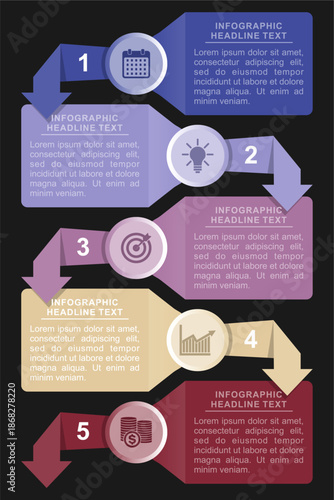 Modern Business Infographic Vector Template, 5 Steps Process. Fully Isolated EPS file for presentations, timelines, and data visualization.
