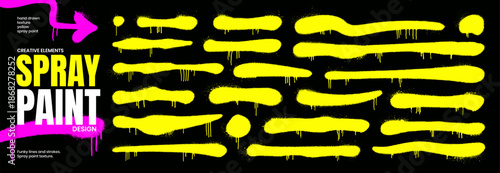 Graffiti spray paint straight lines and yellow brush strokes. Spray paint underlines with drips and aerosol noise texture. Hand drawn vector street art poster template. Grunge bold yellow underlines.