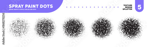 Dissolve spray dots with stipple dust effect. Circles with gradient gradation and spray texture. Abstract dust grainy round shapes. Aerosol vector airbrush effect. Dotted grunge graffiti circles.