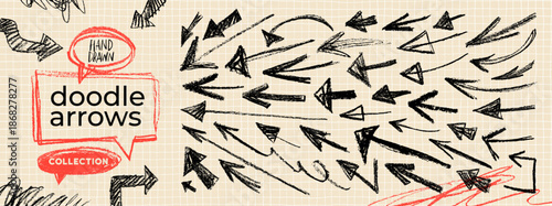 Doodle sketchy crayon drawn arrows collection. Charcoal black rough emphasis arrows on craft checkered paper bg. Retro charcoal doodle direction pointers with pencil texture. Vector ink illustration.