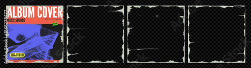 Distressed music cd cover overlay set with album cover design. Grunge scratch square frames with torn shrink texture. Set of vinyl or photo torn grange frames templates with colorful stickers.