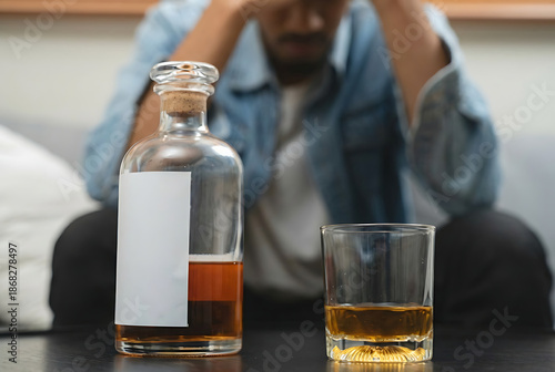 Whiskey Bottle and Glass on Table.