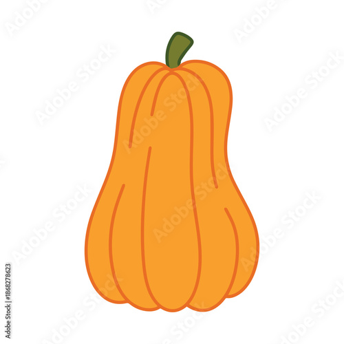 A tall, oblong orange pumpkin with a green stem. A classic autumn vegetable representing the harvest season, Halloween, and Thanksgiving
