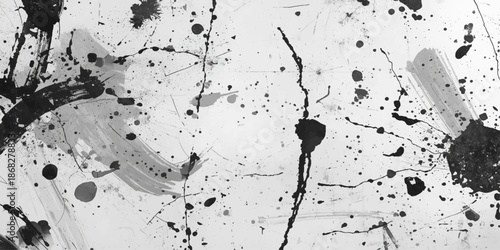 Abstract grunge black and white background featuring a dark ink splash texture with paint splatters and liquid watercolor stains on a dirty paper pattern vector illustration art design