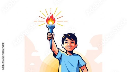 Young boy holding a flaming torch symbolizing hope and achievement perfect for sports or educational concepts