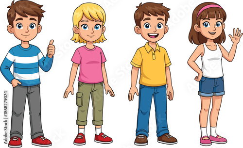 Collection of four cute cartoon teenage characters, happy boys and girls in casual outfits standing and waving, isolated vector illustration