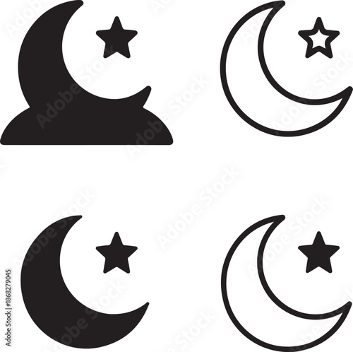 Isolated moon star night silhouette icon, crescent moon and star night sky, islamic night celebration vector, minimal illustration, holiday festival branding, muslim celebration design