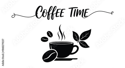Coffee time illustration featuring a cup beans and leaves in black and white