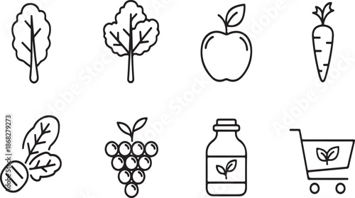 A collection of healthy food icons including vegetables, fruits, and dairy products