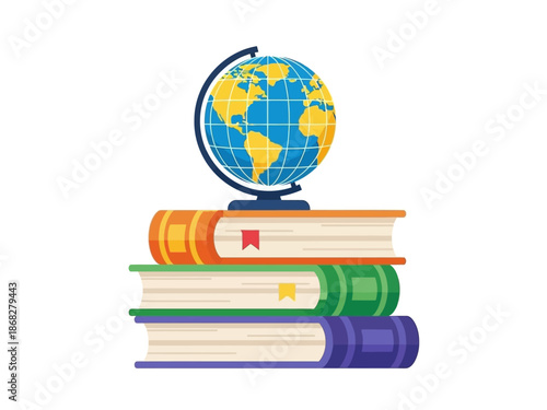 A stack of colorful books with a globe on top, symbolizing education and global knowledge, viewed from a straightforward perspective.