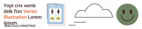 Data tracking, cloud technology, emotional health, statistics, information sharing, digital storage. A cloud, chart with percentages and a happy face. Data tracking and cloud technology