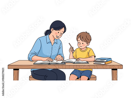 A woman and a young boy sitting at a table, engaged in reading and writing activities together