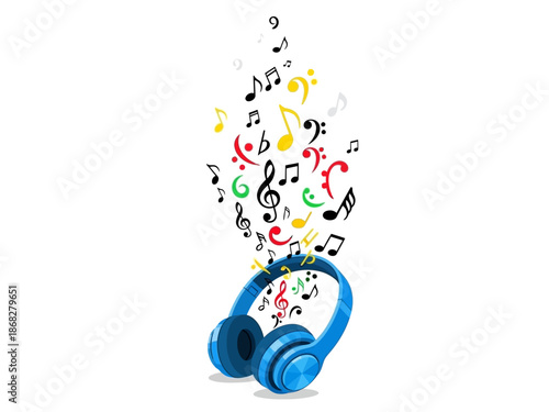 Vibrant Music Notes Emerging from Blue Headphones against a White Background