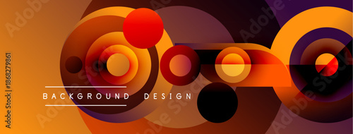 Abstract circles overlap, creating dynamic orange, purple gradients. Modern design elements suggest energy, movement, visual interest.