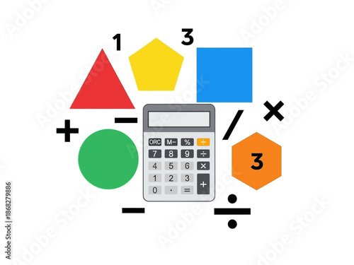 Mathematical shapes and calculator on white background for educational purposes