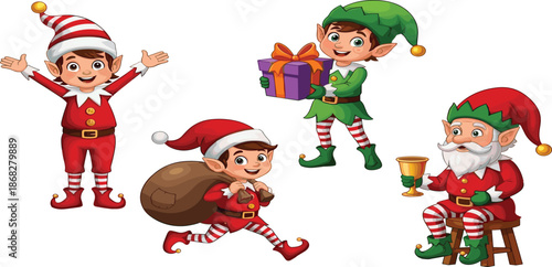 Set of cute Christmas elves cartoon characters, festive holiday helpers with gifts and sack, vector illustration isolated on white background