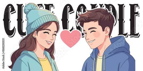 Cartoon illustration of a couple in love with a heart between them