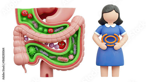 3D illustration of human gut with angry microbes and person indicating discomfort