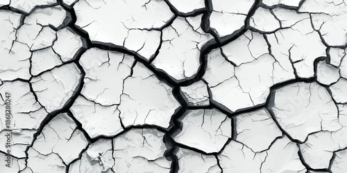A high-angle view of dry cracked earth shows a textured brown mud pattern on an arid desert surface, capturing the rough natural clay ground during a climate drought in this abstract environment