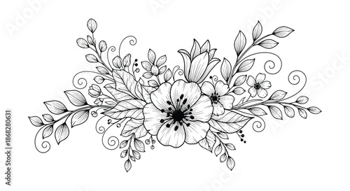 Delicate floral arrangement a black and white botanical illustration with swirling vines