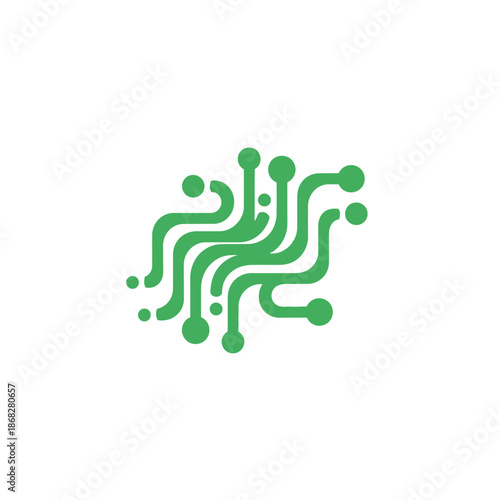 Green Circuit Board Illustration with Spheres and Lines on White Background
