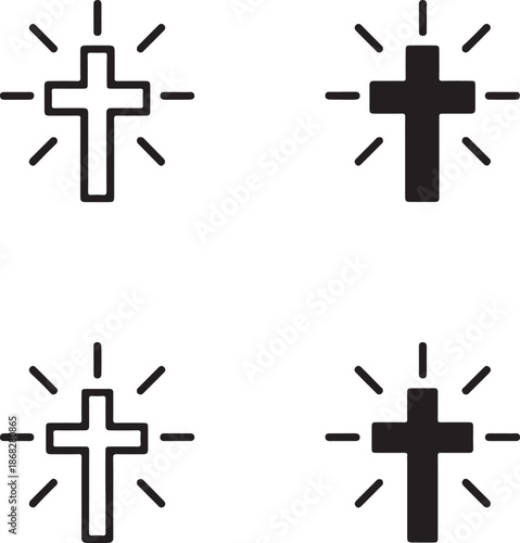Isolated cross with light silhouette icon, cross with light Christian symbol, shining cross religious vector design, church faith minimal illustration, spiritual celebration branding