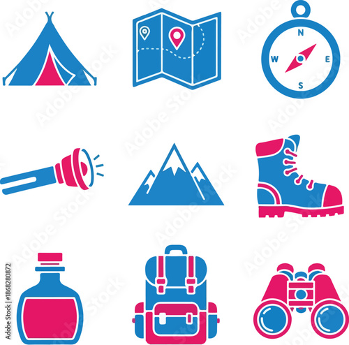 Blue and red camping icons with tent and map. Great for outdoor, adventure, travel, camping, and hiking themed designs.