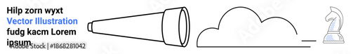 Business strategy, decision making, future vision, creativity, innovation, progress. Minimalist elements include telescope, cloud and chess knight. Business strategy and decision making concept