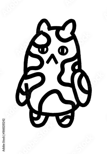 Minimalist black and white hand drawn sketch of a cute chubby spotted cat monster standing upright with a slightly grumpy expression and rough ink strokes