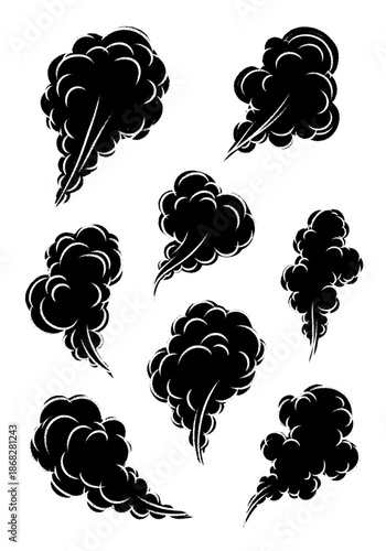 Collection of eight retro comic book style smoke puffs and steam clouds featuring black silhouettes with white motion lines and distressed ink textures for action effects