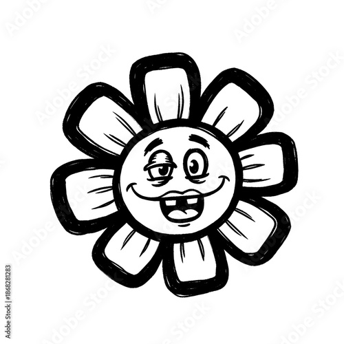 Sketchy hand drawn black and white doodle of a goofy anthropomorphic flower character with a gap toothed smile and happy expression showing heavy outlines and retro cartoon vibes