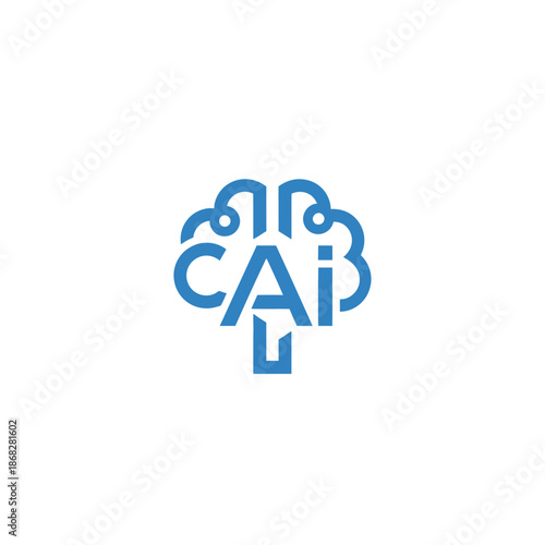 A blue logo featuring a stylized brain with abstract design elements and text