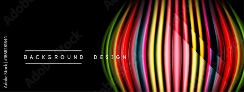 Abstract colorful lines form dynamic oval shape. Black background emphasizes vibrant design elements. Modern aesthetic.