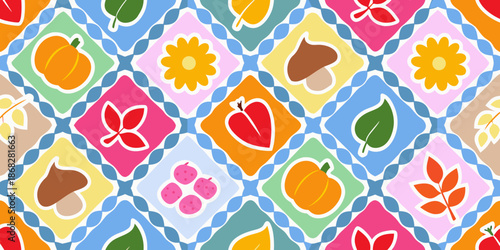 A colorful pattern of fruits flowers and leaves on a diamond background